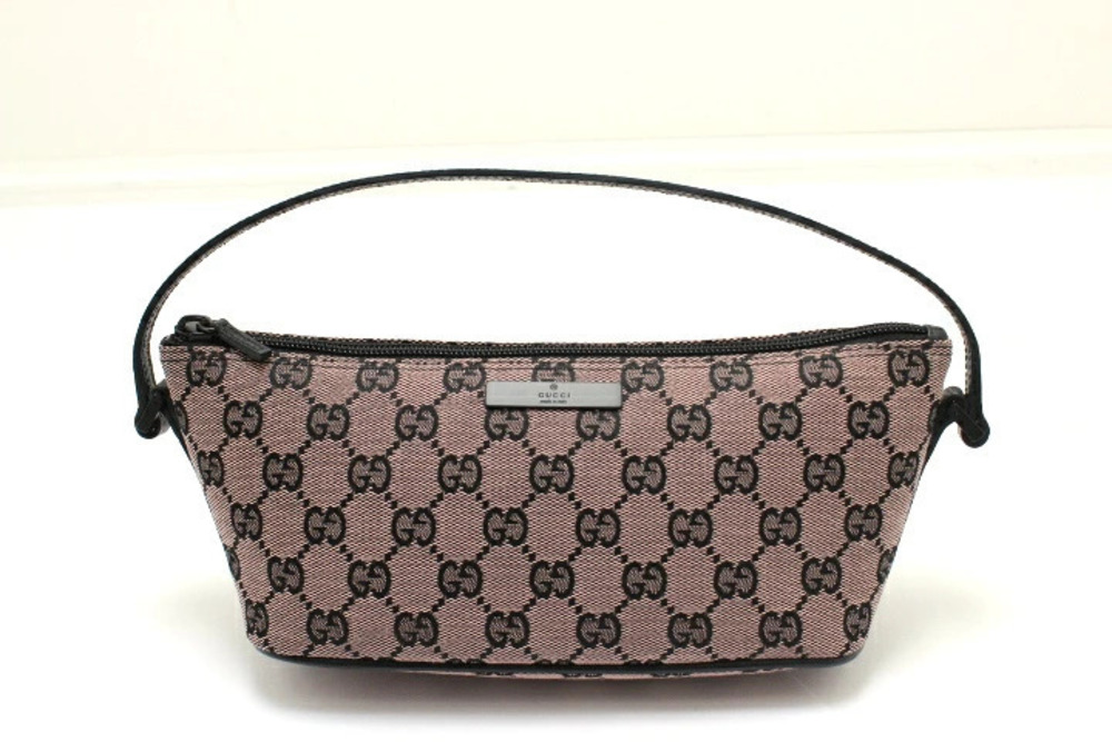 Gucci GG Canvas Accessory Pouch Clutch Black Pink Gold Leather